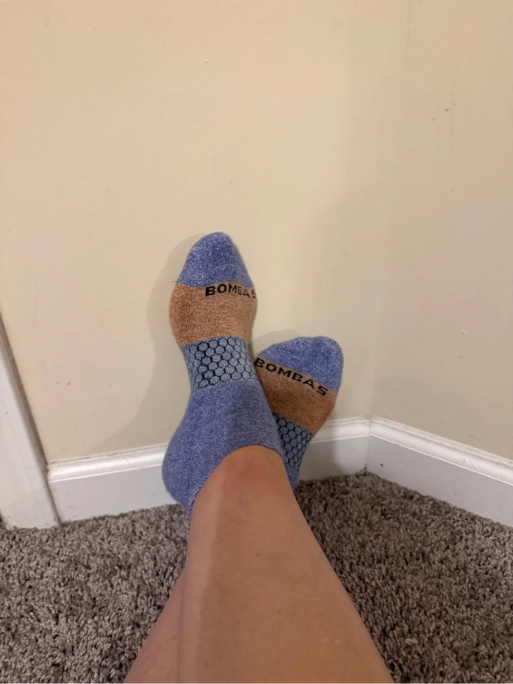 Bombas Low-Cut Athletic Socks in Blue and Brown Accent Women’s worn Size L